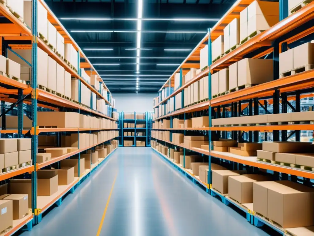 Almacén futurista con algoritmos predictivos para gestión de inventario en acción, mostrando eficiencia y tecnología avanzada