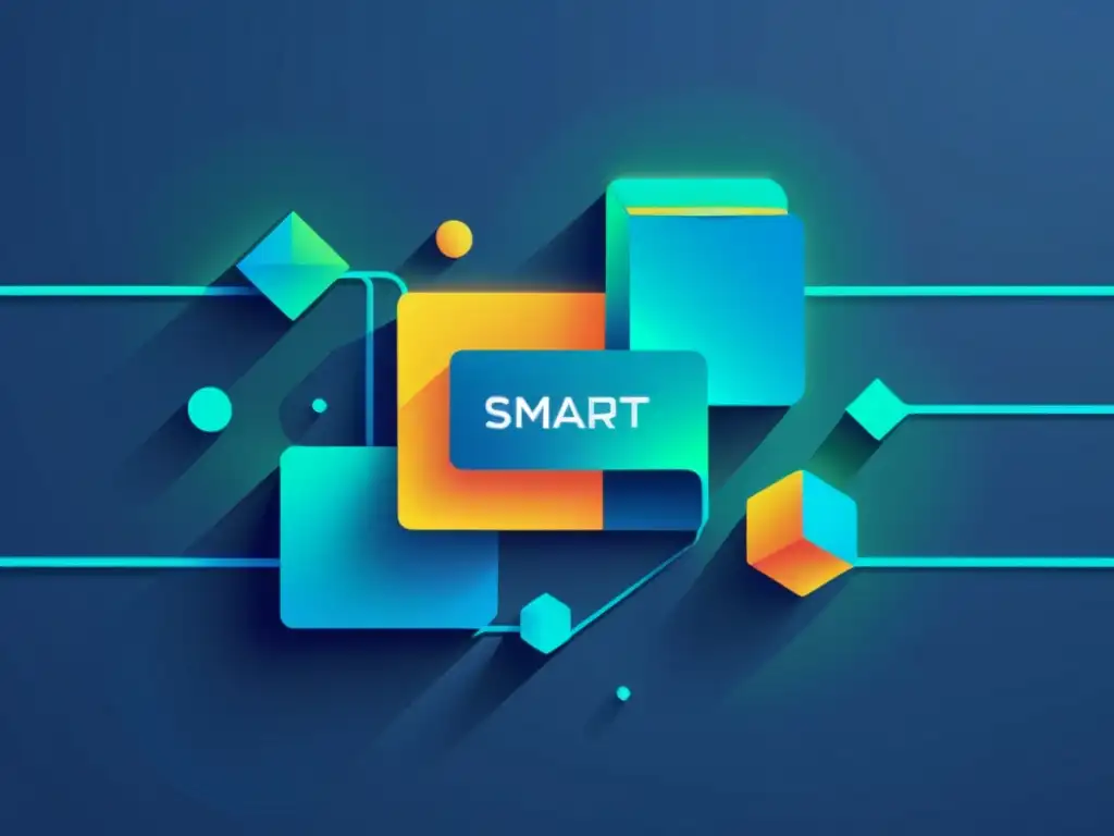 Una ilustración futurista de bloques interconectados que representan smart contracts financieros, con código digital entre ellos