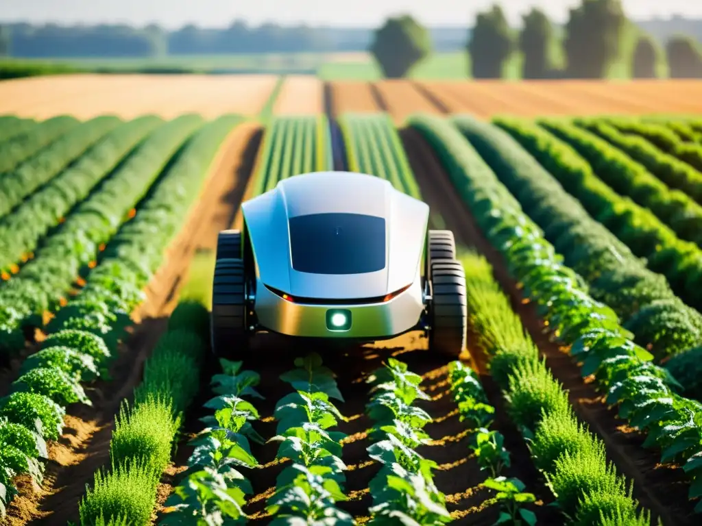 Robot agrícola futurista en campo soleado, rodeado de cultivos verdes