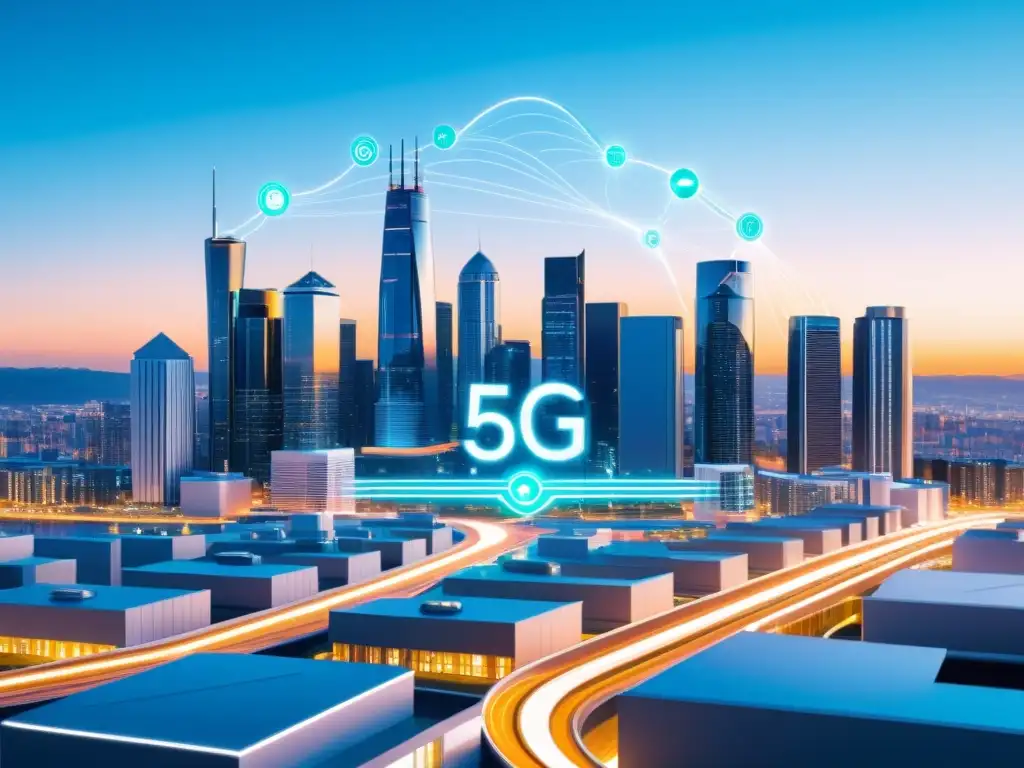 Futurista ciudad con edificios conectados, telemedicina integrada y símbolos 5G