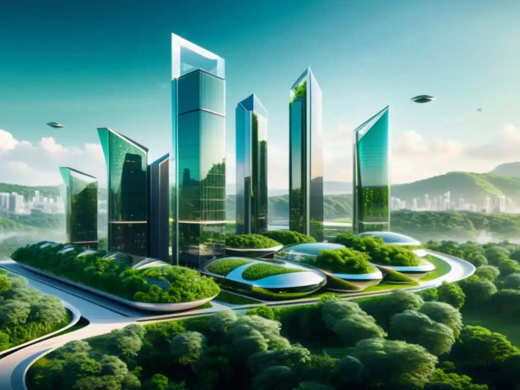 Futurista ciudad con edificios transparentes reflejando naturaleza exuberante, promoviendo confianza pública en IA transparente