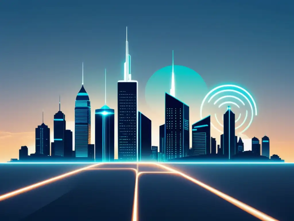 Futurista ciudad con Frecuencias 5G para comunicaciones emergentes, conectando la urbe con tecnología avanzada