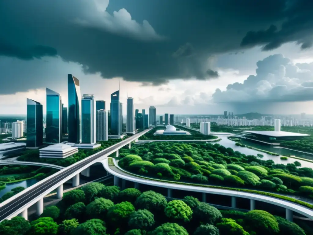 Una futurista ciudad con rascacielos y pasarelas transparentes, rodeada de vegetación, bajo nubes de tormenta