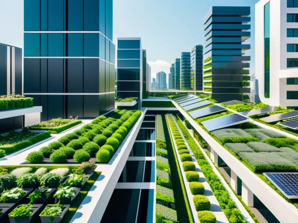 Futurista ciudad sostenible con arquitectura elegante y vegetación exuberante, integrando la Inteligencia Artificial en Gestión Sostenible de Recursos