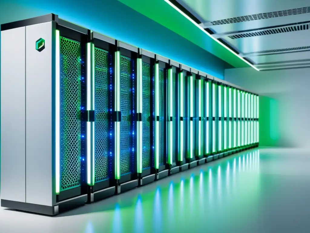 Granja de servidores blockchain: Futurista y eficiente Server farm futurista de bajo consumo energético de Bitcoin Blockchain con estructuras metálicas y luces azules y verdes brillantes sobre fondo blanco