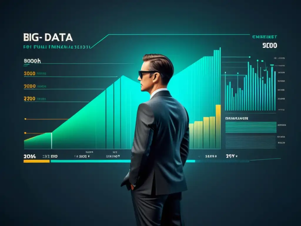 Visualización futurista de datos financieros con Big Data reflejando innovación en estrategias financieras con un diseño limpio y moderno