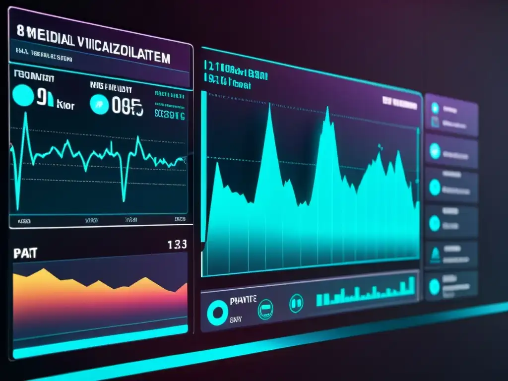 Visualización futurista de datos médicos con Big Data en seguimiento pacientes, gráficos detallados y neón en interfaz hightech