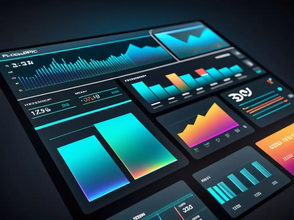 Interfaz futurista holográfica con gráficos de análisis de datos personalizados, diseño minimalista y colores vibrantes