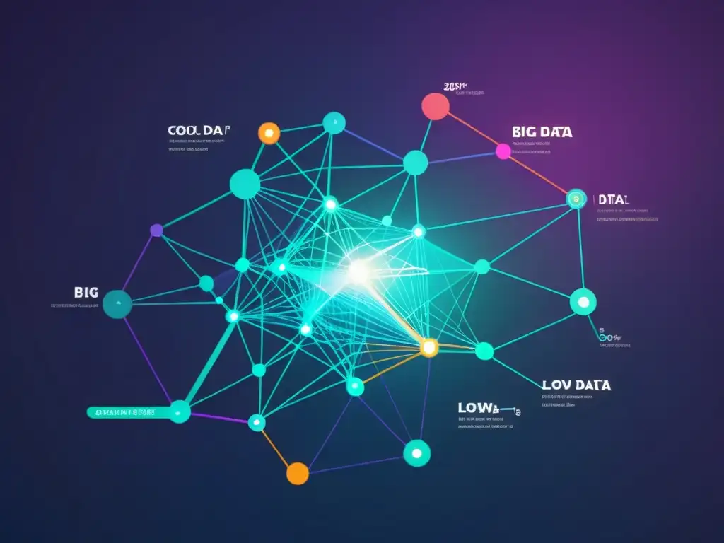 Representación futurista de la influencia del Big Data en marketing, con líneas y nodos brillantes que muestran el análisis de datos