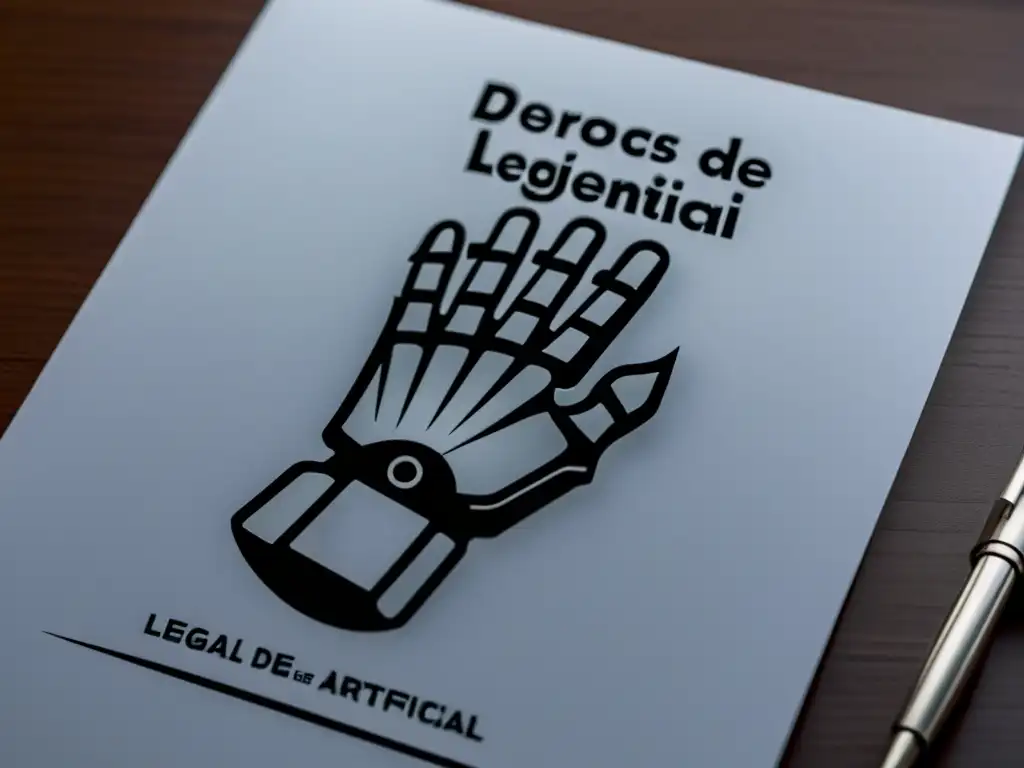 Diseño futurista de mano robótica sobre documentos legales con 'Derechos legales de la inteligencia artificial' destacado