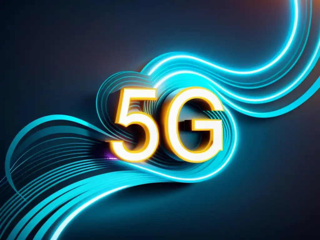 Representación gráfica futurista y minimalista de flujos de datos en el símbolo 5G, con colores vibrantes y líneas elegantes para transmitir la velocidad y eficiencia del 5G en el manejo de big data