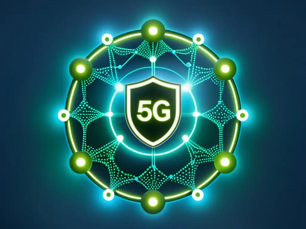 Ilustración futurista minimalista con nodos interconectados y datos, superpuesto con un símbolo de candado translúcido para simbolizar la seguridad y privacidad de datos en la era del 5G y la salud digital