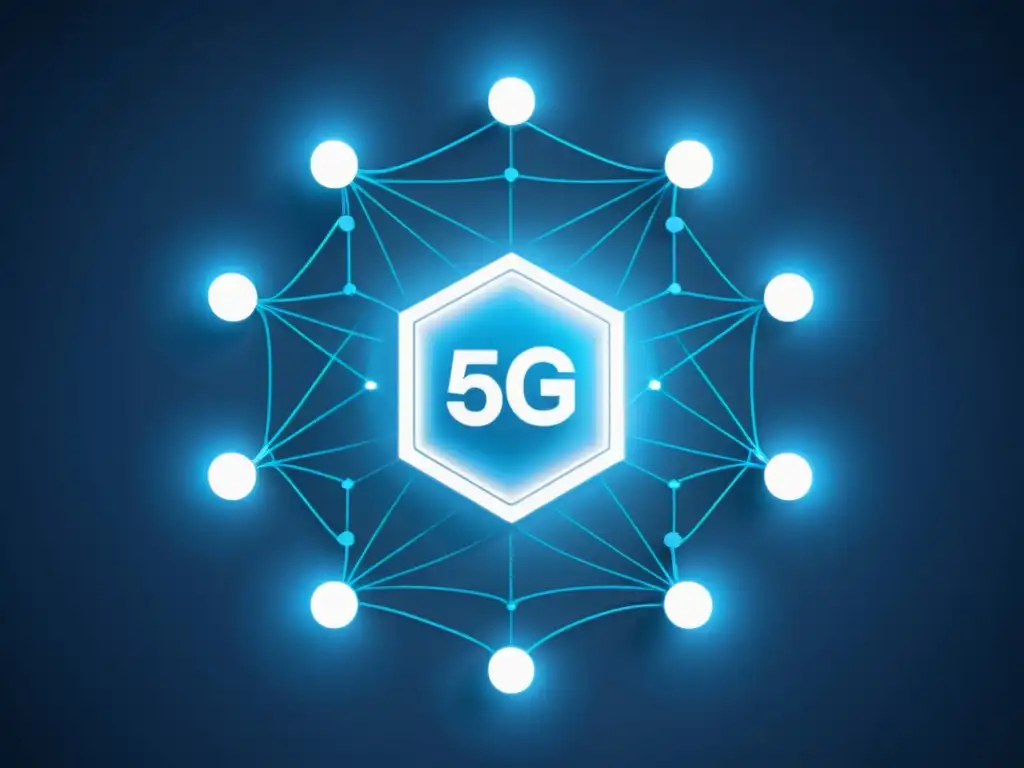 Ilustración futurista y minimalista de una red 5G segura con nodos interconectados, emanando luz azul suave en un fondo oscuro