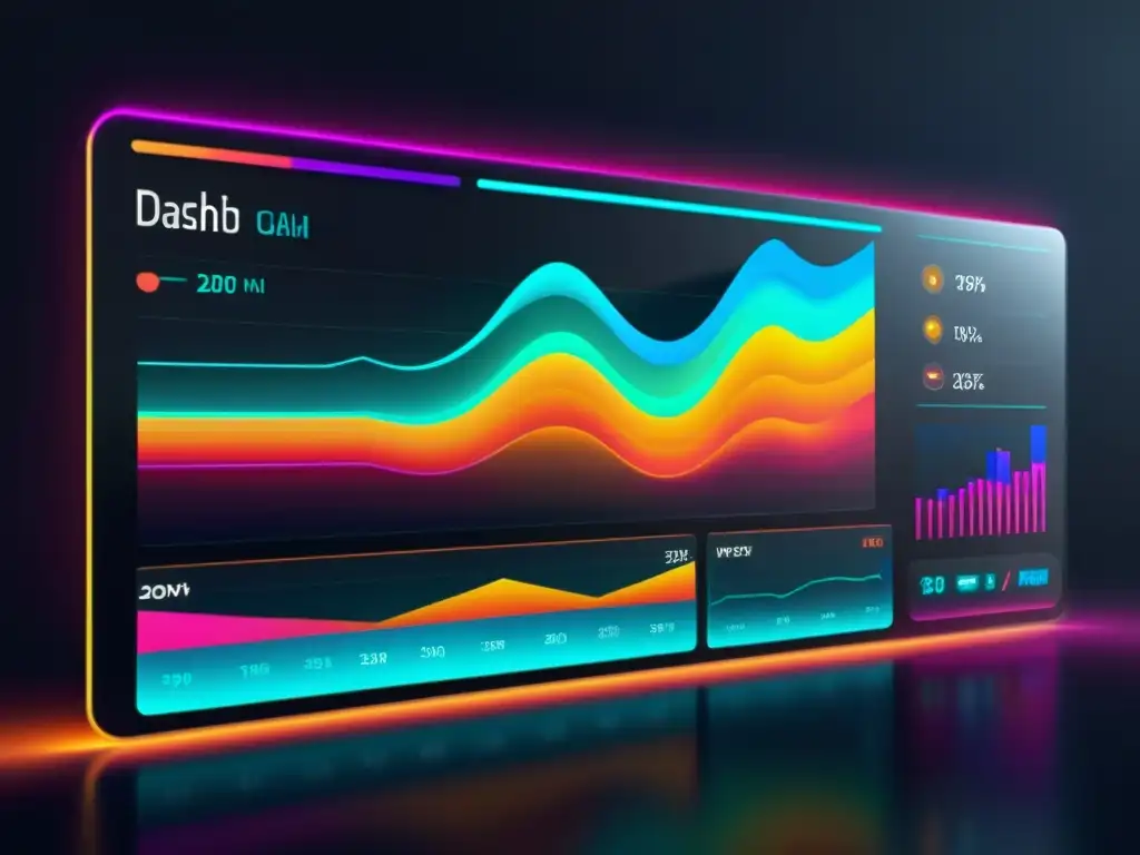 Un futurista panel de visualización de datos con luces vibrantes, mostrando complejos conjuntos de datos