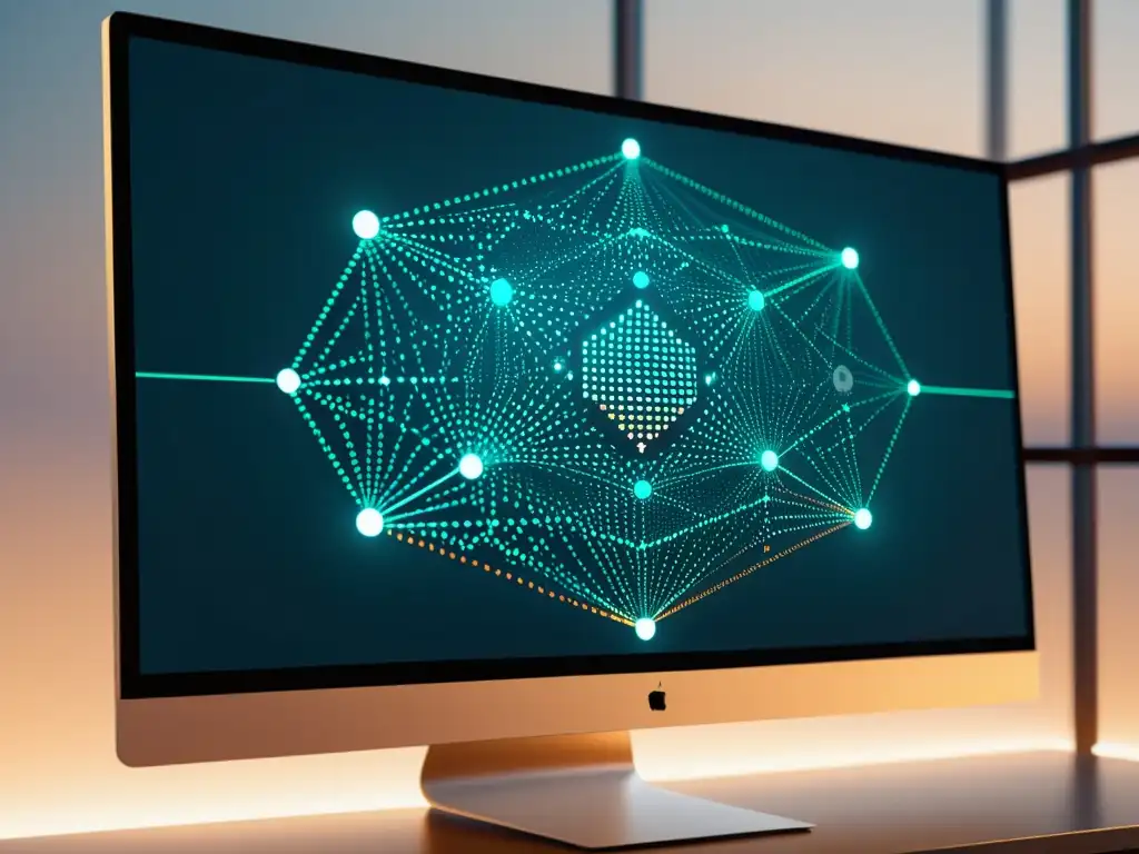 Una visualización futurista de una red blockchain en un monitor moderno