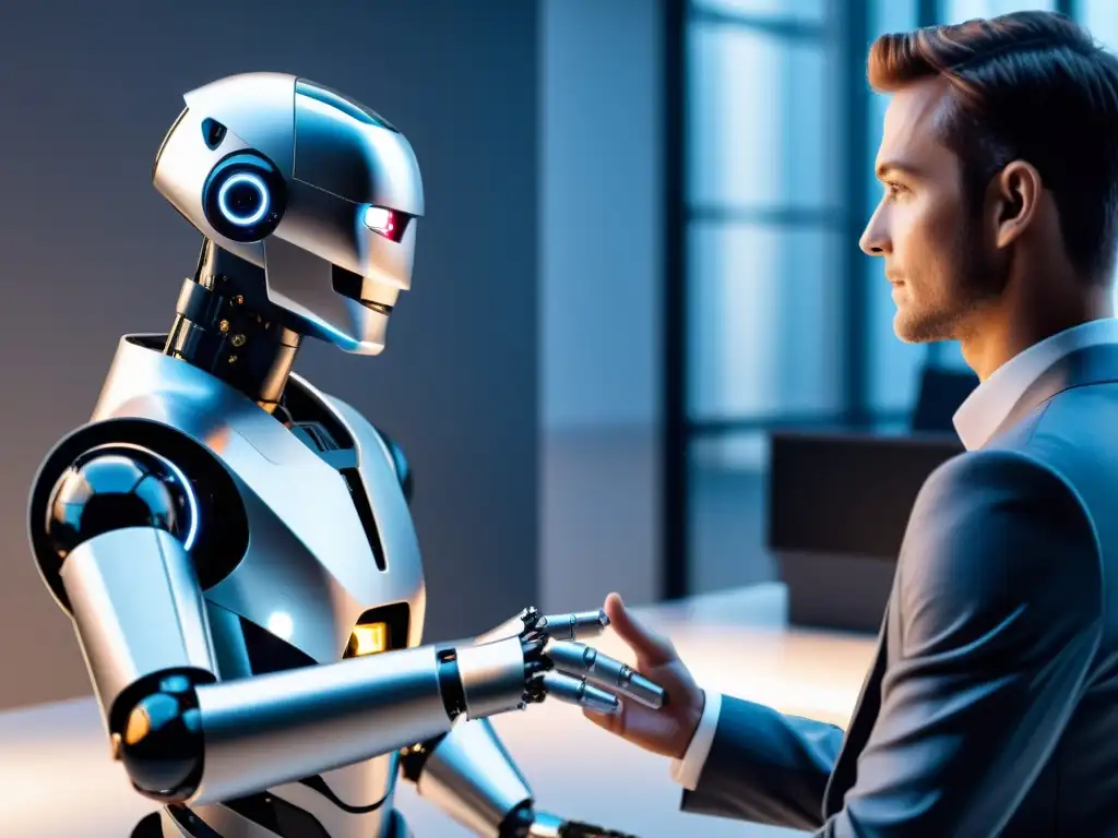 Colaboración futurista: humanoide y humano unidos Interacción futurista entre robot y empleado, habilidades blandas en entorno profesional