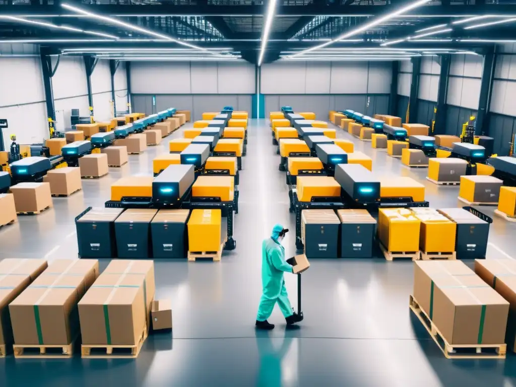 Almacén futurista con robots y drones, integrando robótica en logística durante COVID19