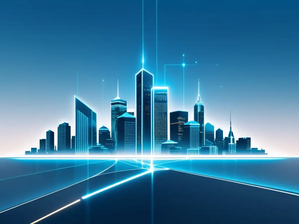 Futurista skyline de la ciudad con líneas de blockchain, simbolizando la integración de la tecnología blockchain en el sector inmobiliario