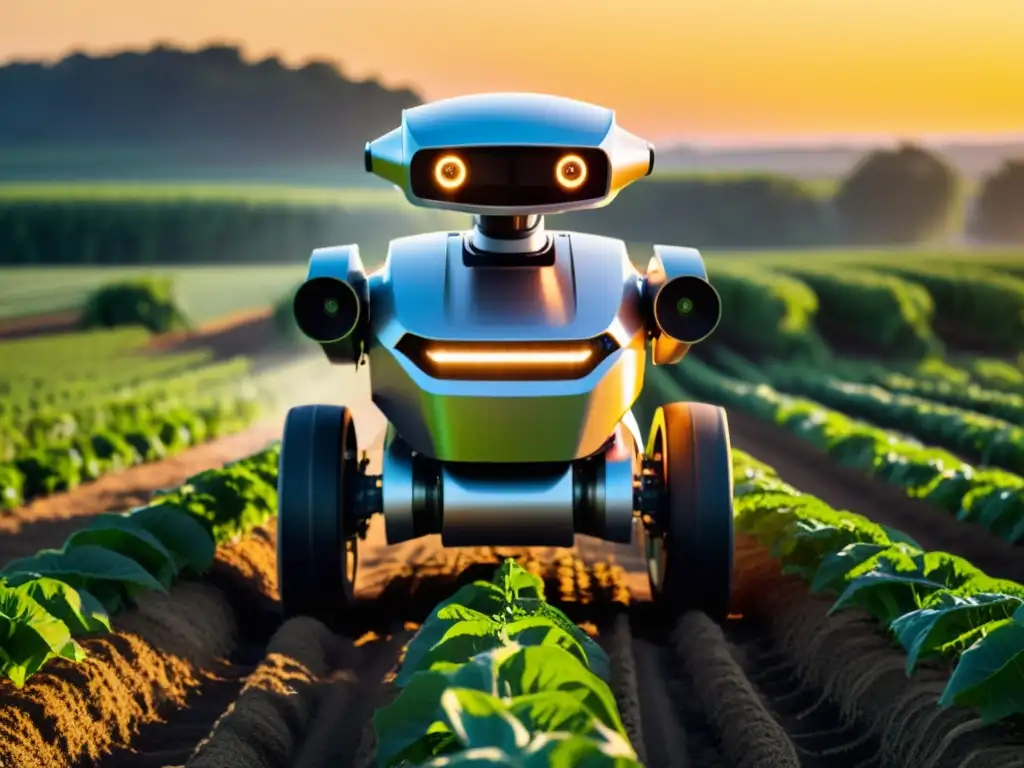 Un robot agrícola futurista con tecnología avanzada trabaja en un campo vibrante al atardecer