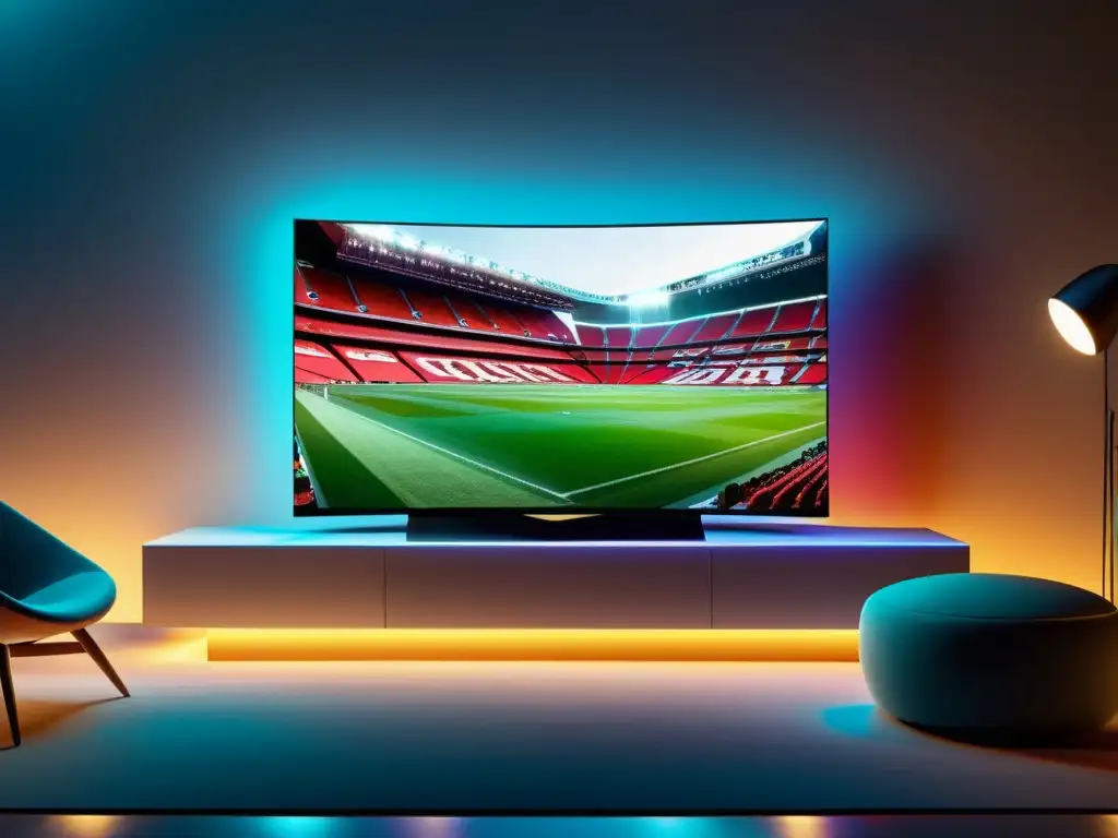 Una televisión futurista 8K muestra transmisiones deportivas televisión 5G en un salón moderno con iluminación ambiental