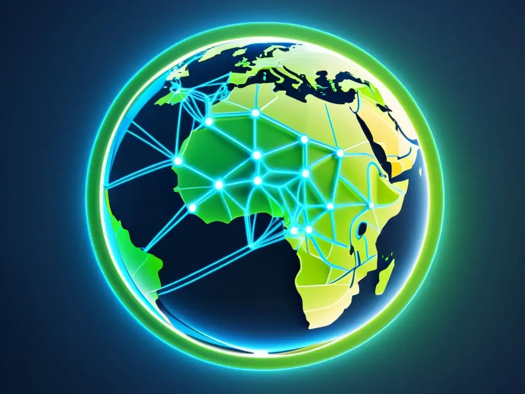 Modelando el futuro cambio climático: Ilustración digital minimalista de la Tierra conectada por complejas redes de datos en tonos de azul y verde, evocando un futuro sofisticado y tecnológico