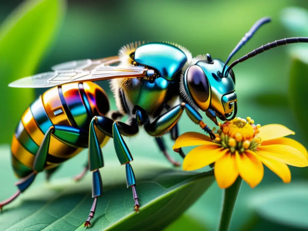 Un futuro prometedor: una abeja robótica polliniza una flor, destacando la belleza natural y la tecnología