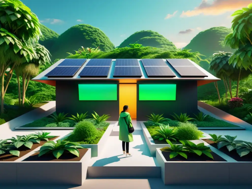 Galería digital de NFTs en entorno eco-sostenible Una galería de arte digital con obras NFT rodeada de plantas verdes y paneles solares, simbolizando la unión entre NFT y sostenibilidad