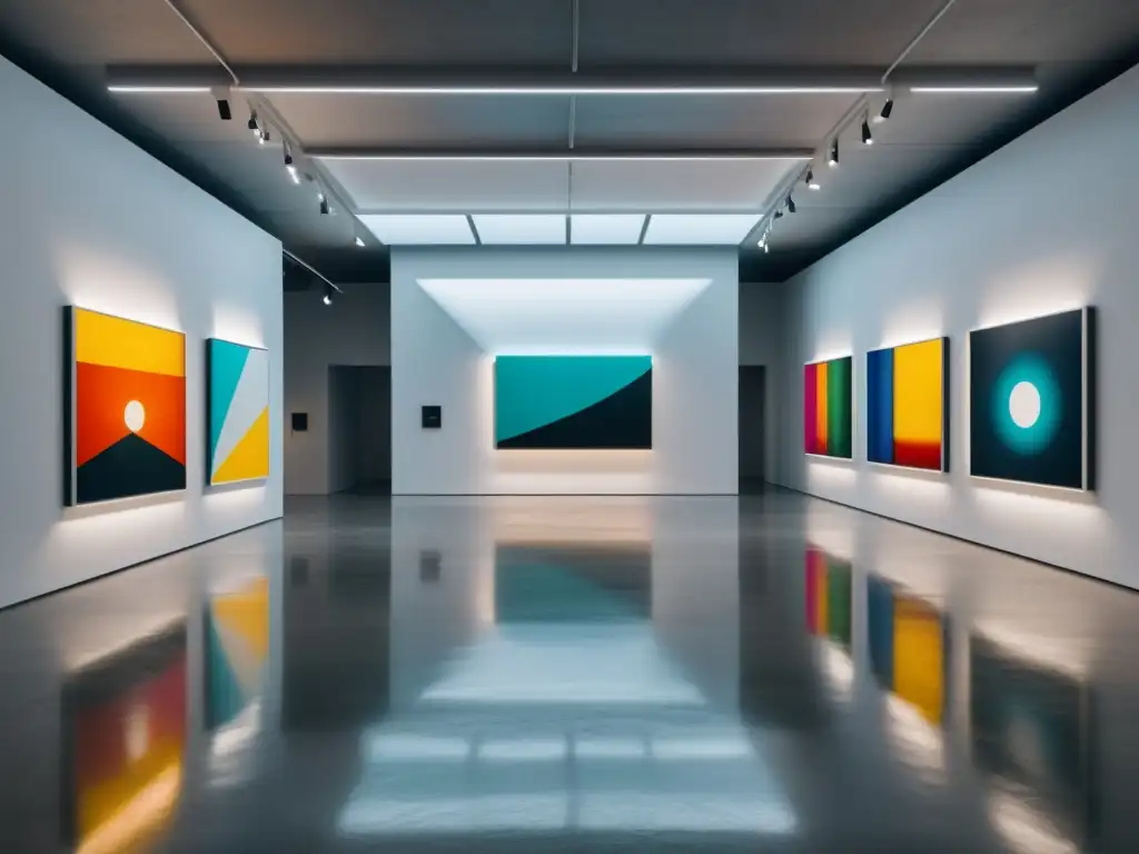 Una galería de arte minimalista con una impactante obra de realidad aumentada en contar historias, iluminación dramática y atmósfera moderna