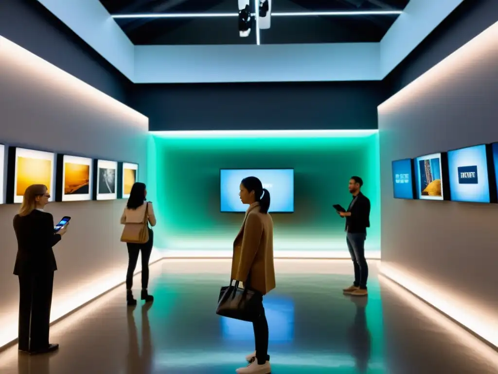 Una galería de arte moderna con exhibiciones de realidad aumentada en contar historias, iluminada de forma atmosférica