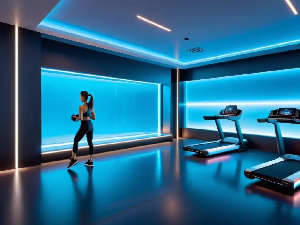 Un gimnasio futurista y minimalista con equipos holográficos y entrenamientos mejorados con realidad aumentada, en un ambiente innovador y tecnológico