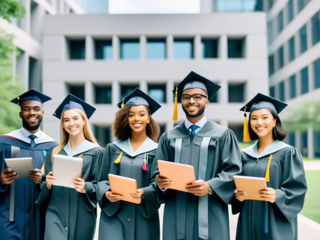 Graduados con togas y birretes muestran credenciales digitales en tablets frente a edificio universitario moderno con símbolos de blockchain