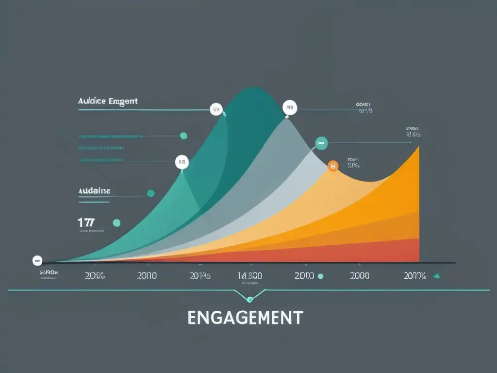 Gráfico de análisis de rendimiento en video marketing con líneas y puntos, en elegante paleta de colores sobre fondo blanco