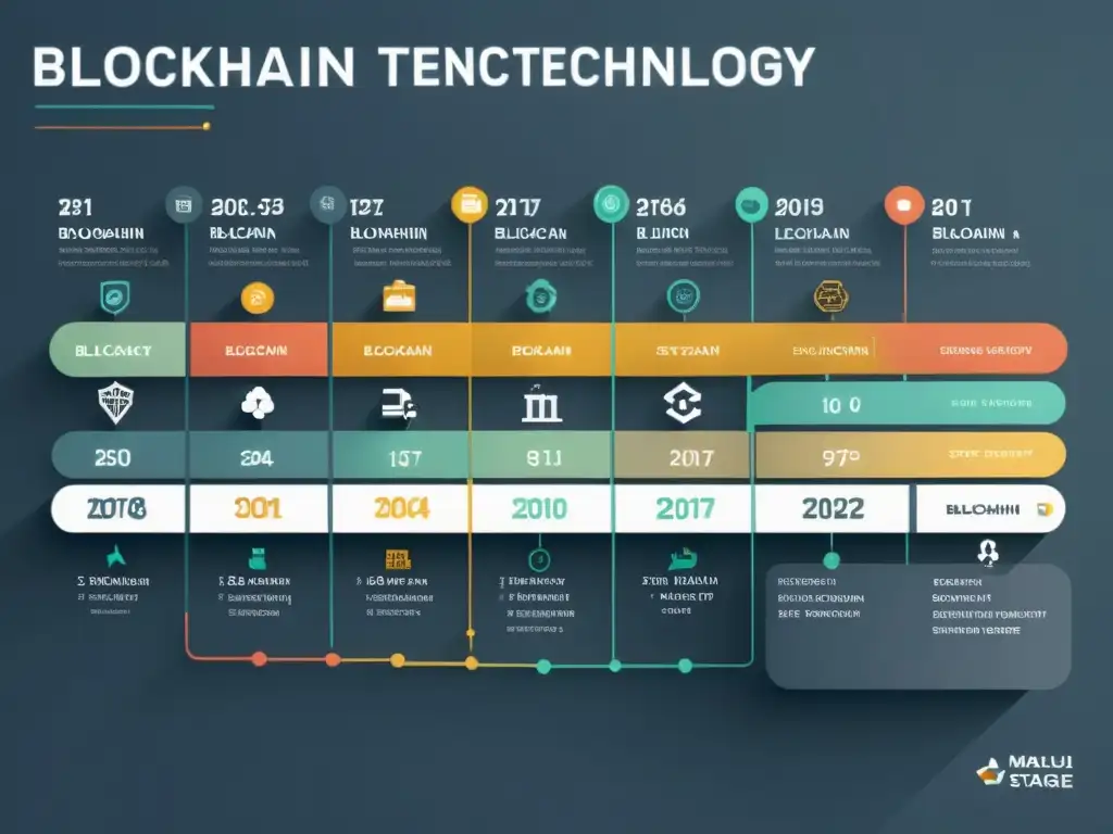 Gráfico detallado en 8k de la evolución de Blockchain desde su origen por Satoshi Nakamoto hasta la actualidad en la economía descentralizada