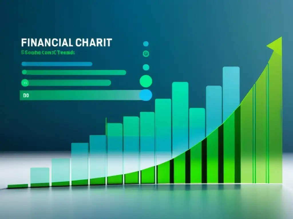 Un gráfico financiero minimalista con datos y tendencias, superpuesto con formas geométricas translúcidas en tonos de azul y verde