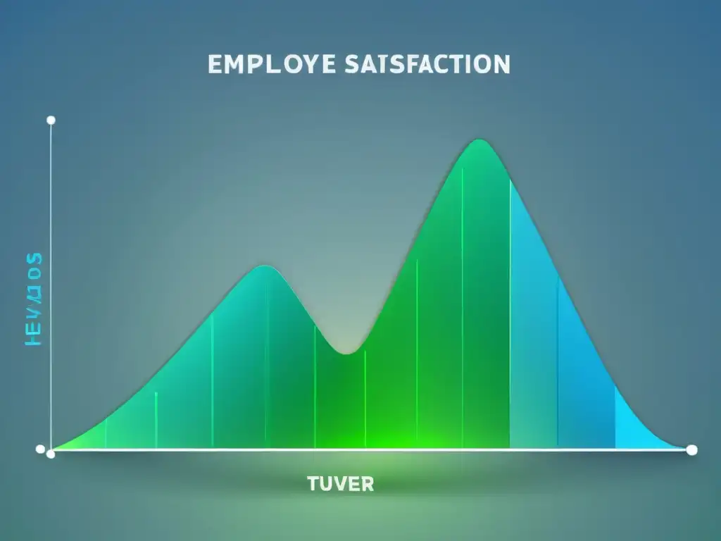 Gráfico de líneas minimalista mostrando la relación entre la satisfacción del personal y la rotación, con tonos azules y verdes, representando el impacto positivo del análisis predictivo en reducir la rotación del personal