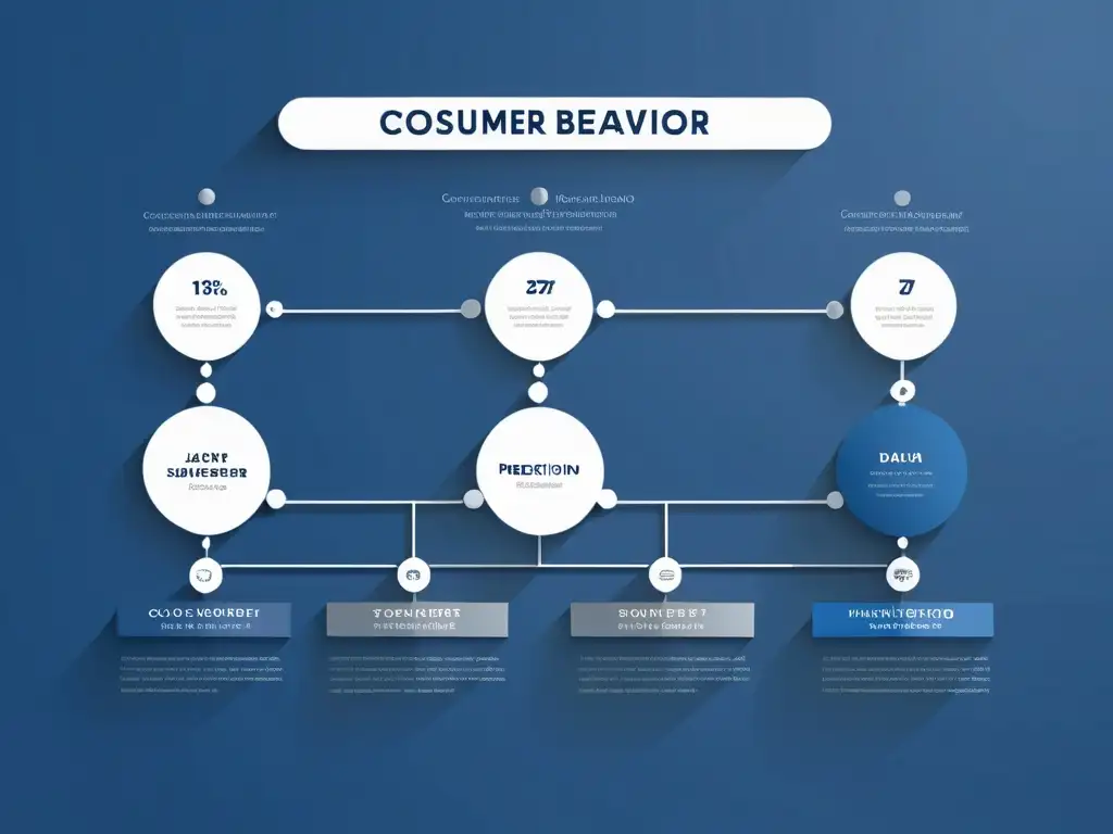 Gráfico minimalista de analítica predictiva comportamiento consumidor en tonos de azul y plata, transmitiendo precisión y avanzada tecnología