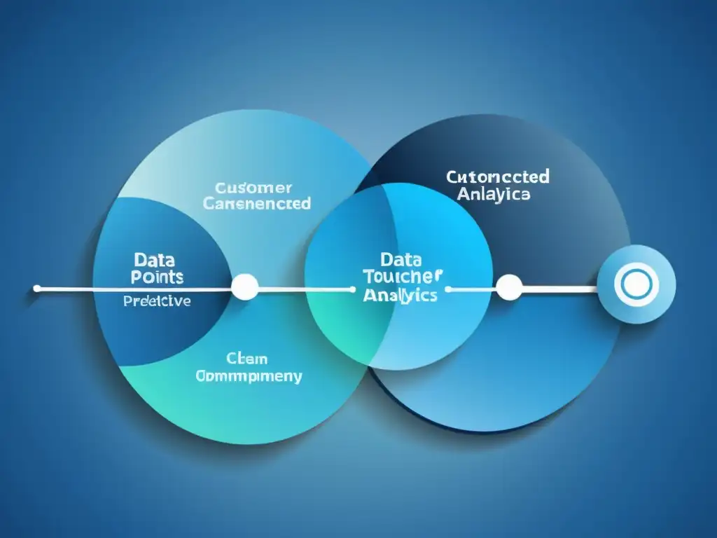 Gráfico minimalista de ciclo vida cliente con analítica predictiva, en tonos azules calmantes y formas geométricas dinámicas