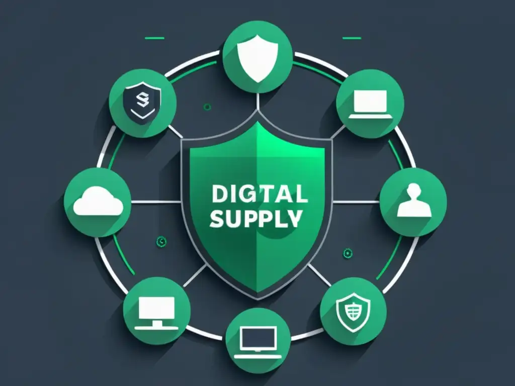 Un gráfico moderno de una red de suministro digital protegiendo cadenas suministro digitales, evocando eficiencia y confiabilidad