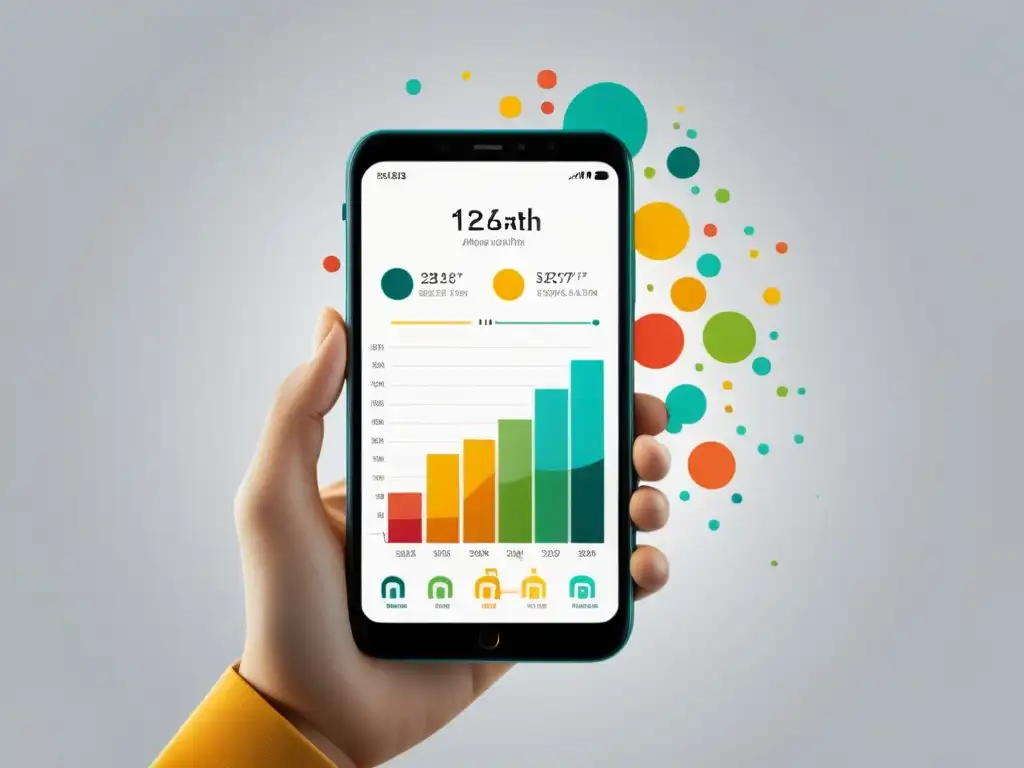 Gráfico de análitica predictiva móvil, mostrando datos con formas geométricas y tipografía moderna en pantalla de smartphone