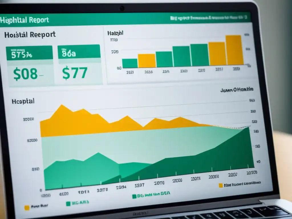 Gráficos claros y modernos muestran el impacto del Análisis de Big Data en salud en un informe financiero hospitalario en pantalla de computadora