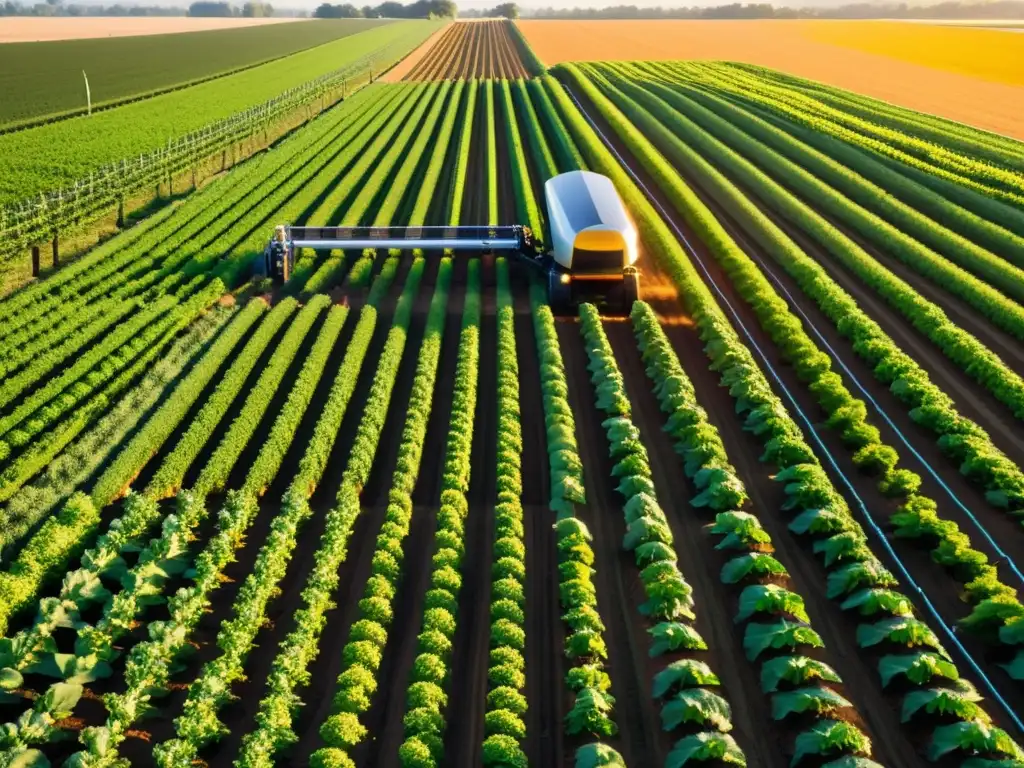 Una granja moderna y minimalista con maquinaria automatizada cuidando cultivos vibrantes y alineados