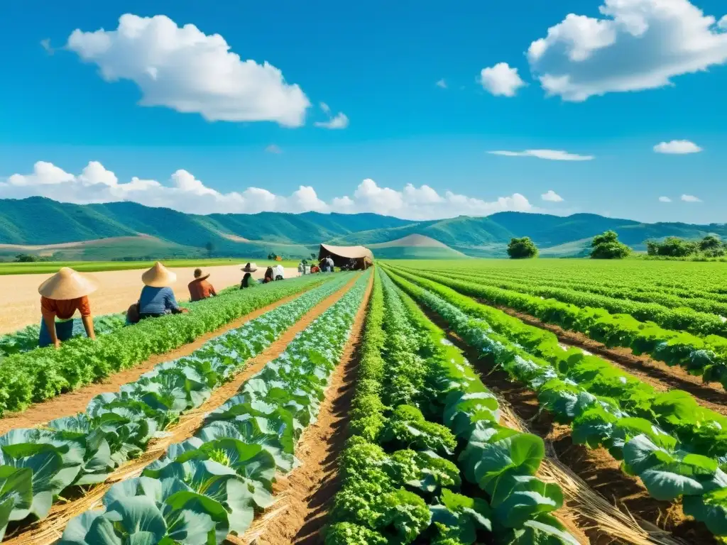 Una granja orgánica bañada por el sol, con cultivos vibrantes y agricultores trabajando en armonía