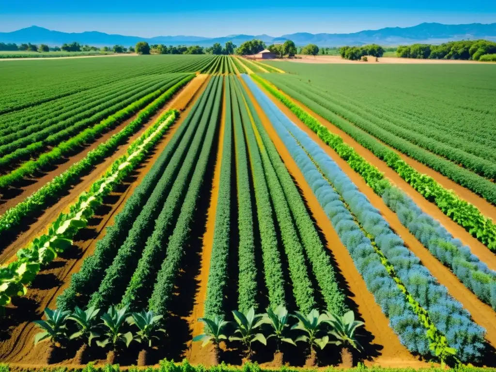 Granja orgánica con cultivos diversos, cielo azul, tecnología de riego AI y vida silvestre