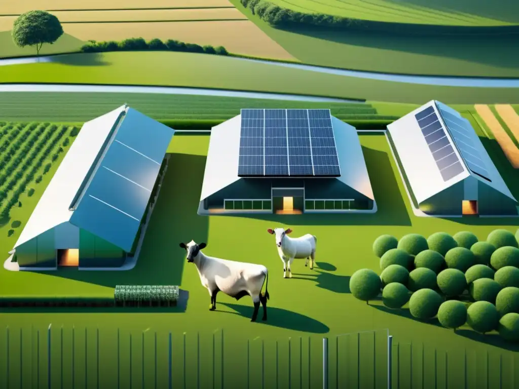 Granja sostenible futurista con IA en la ganadería sostenible: edificios interconectados, paneles solares y animales pastando en espacios abiertos