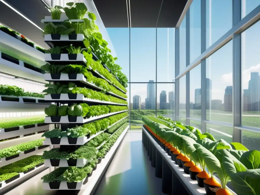 Una granja vertical futurista con agricultura urbana inteligente y estética minimalista