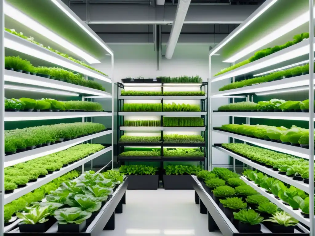 Una granja vertical interior con plantas verdes vibrantes en estantes, iluminación suave y uniforme