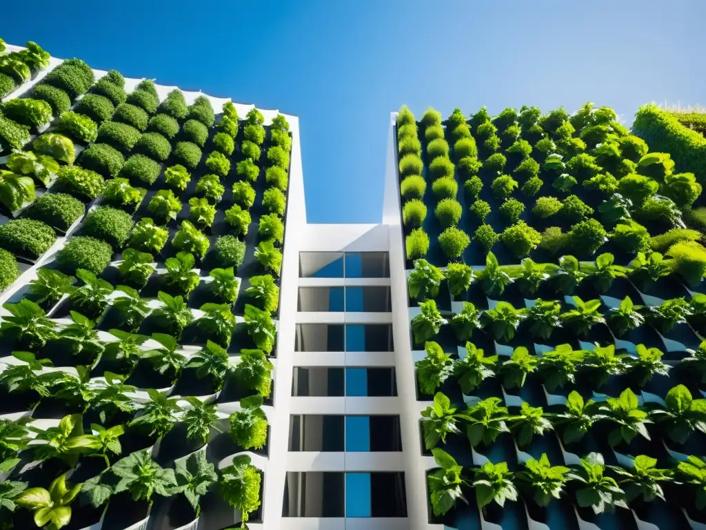 Una granja vertical moderna y elegante en la ciudad, con plantas exuberantes que se elevan hacia el cielo