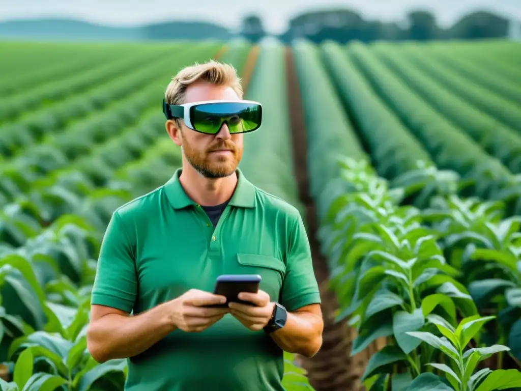 Un granjero usando gafas de realidad aumentada para inspeccionar cultivos