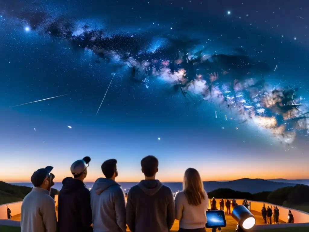 Grupo de aficionados a la astronomía utilizando realidad aumentada para identificar constelaciones en una noche estrellada