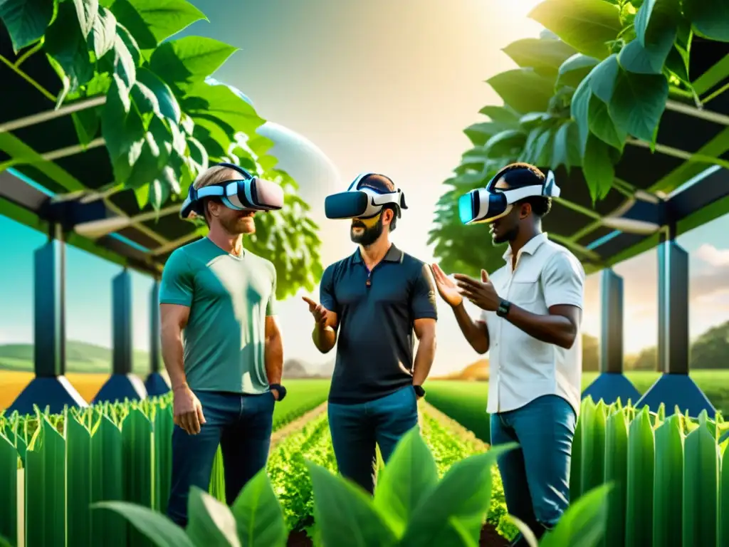 Grupo de agricultores usando visores de realidad virtual, discutiendo en un campo verde mientras la tecnología agrícola de vanguardia los rodea